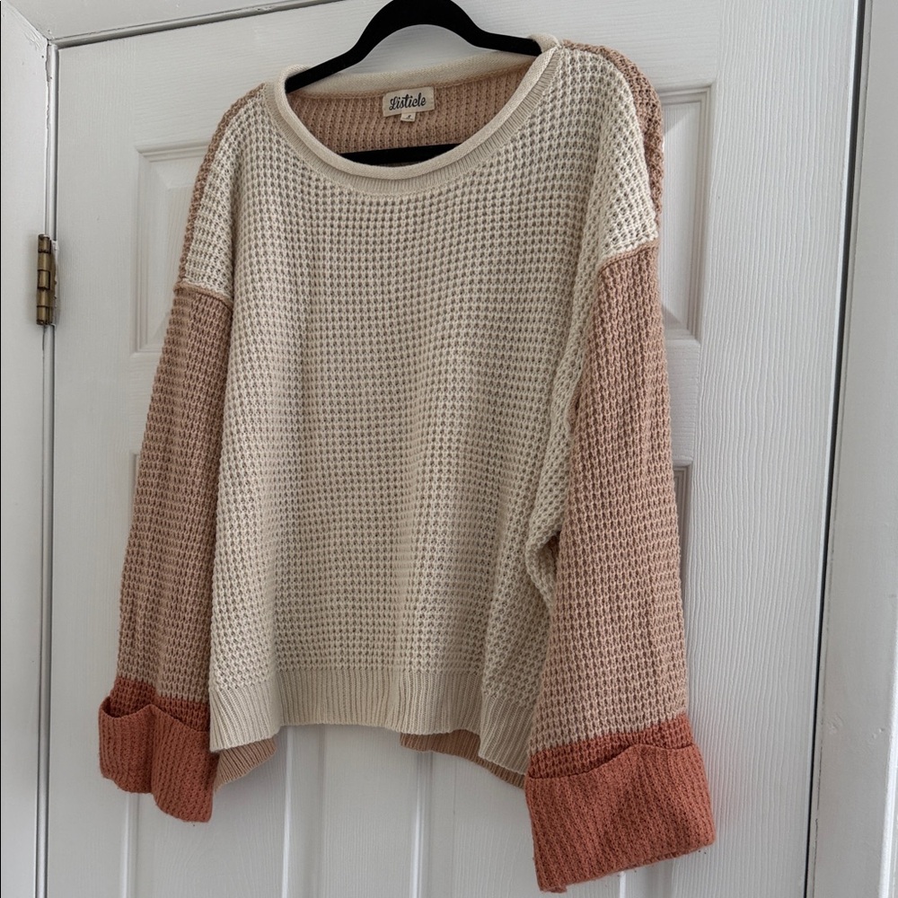 Color Block Waffle Knit Sweater Boxy Fit Cream Tan Cream Pink Size S